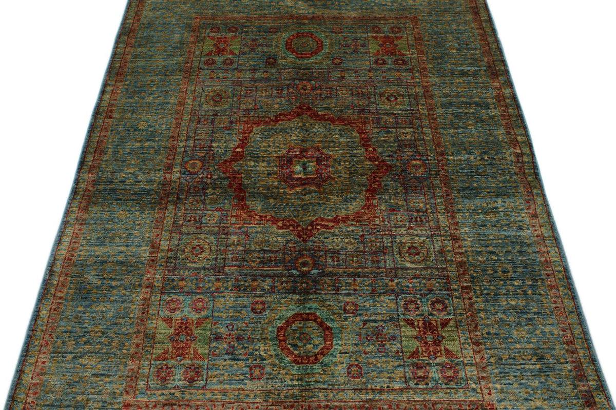 4x6 Light Blue and Multicolor Turkish Tribal Rug