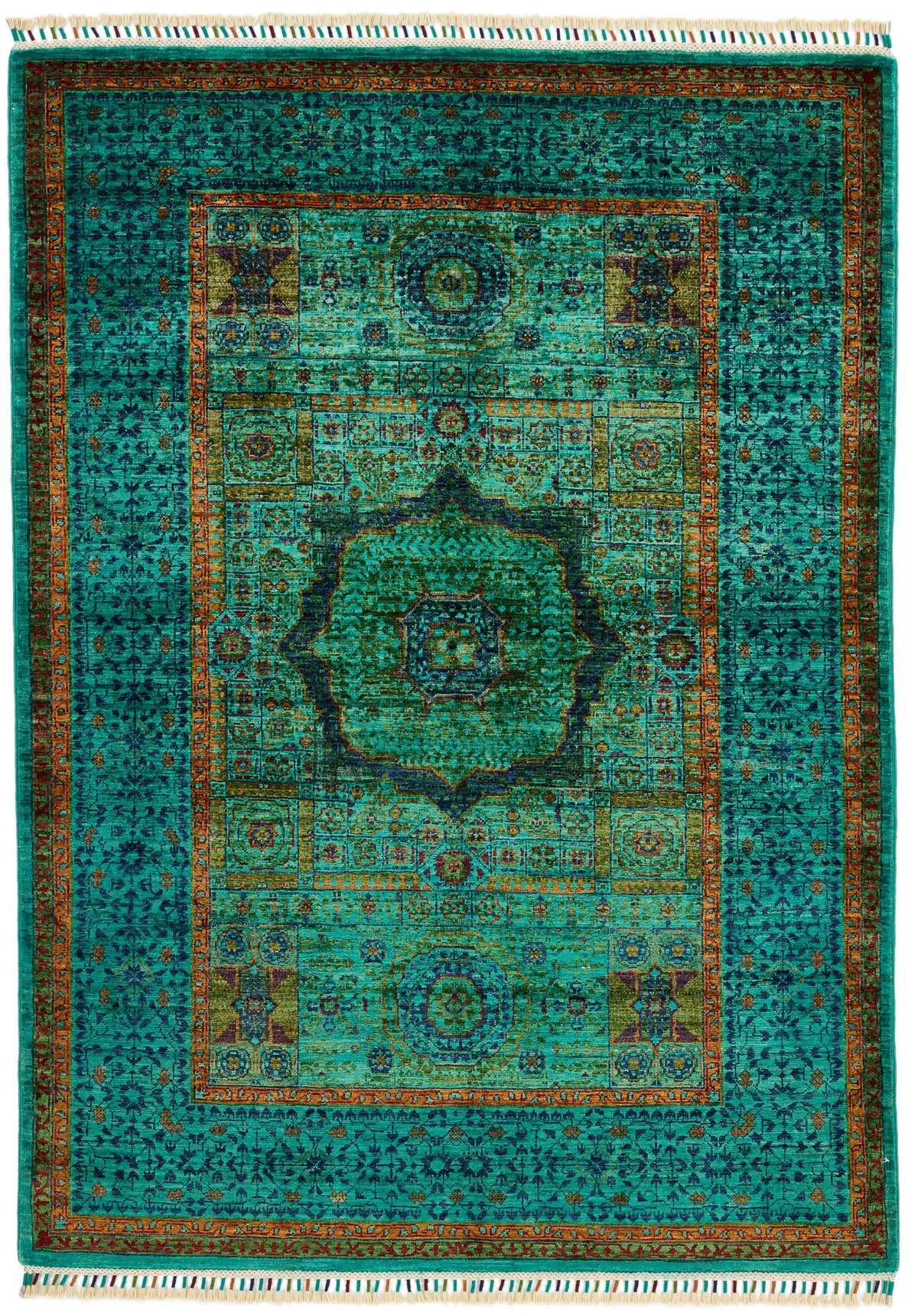 4x6 Green and Multicolor Turkish Tribal Rug
