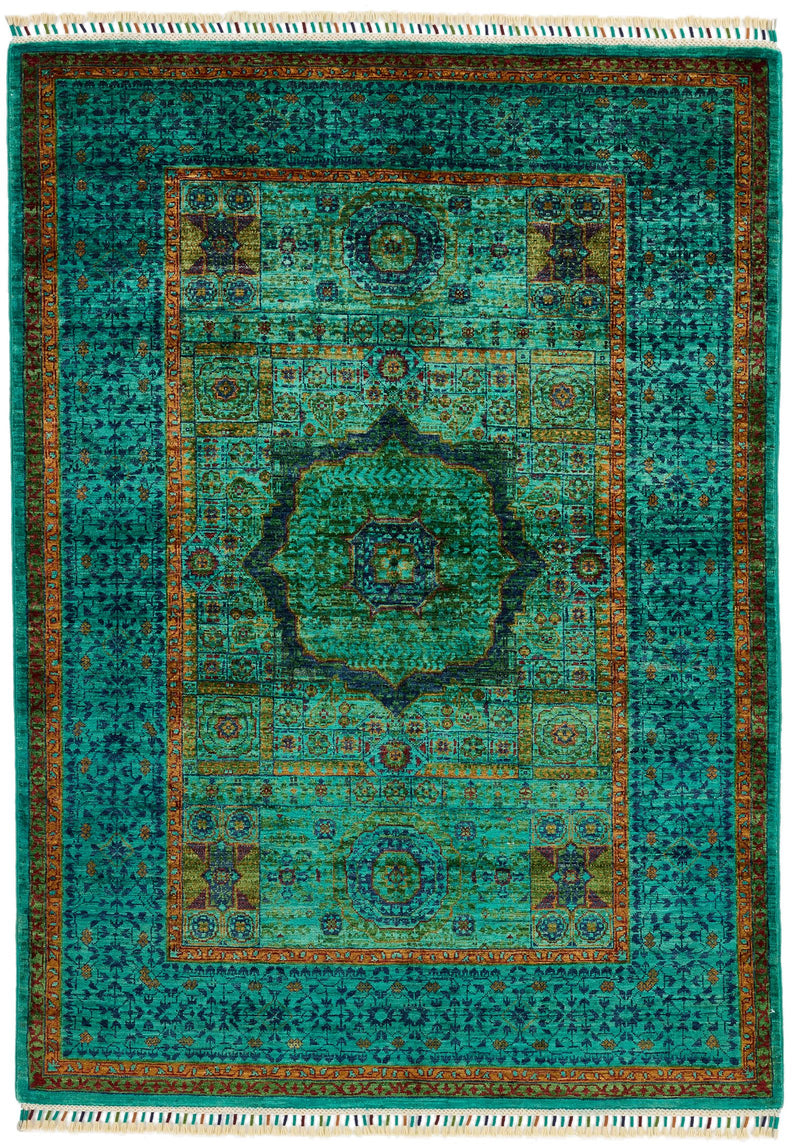 4x6 Green and Multicolor Turkish Tribal Rug