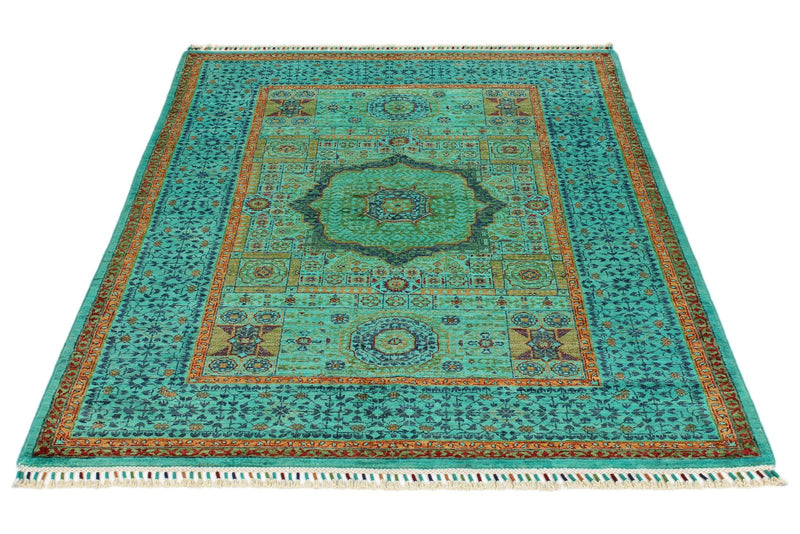 4x6 Green and Multicolor Turkish Tribal Rug