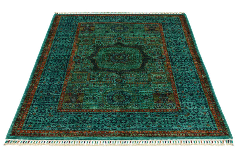 4x6 Green and Multicolor Turkish Tribal Rug