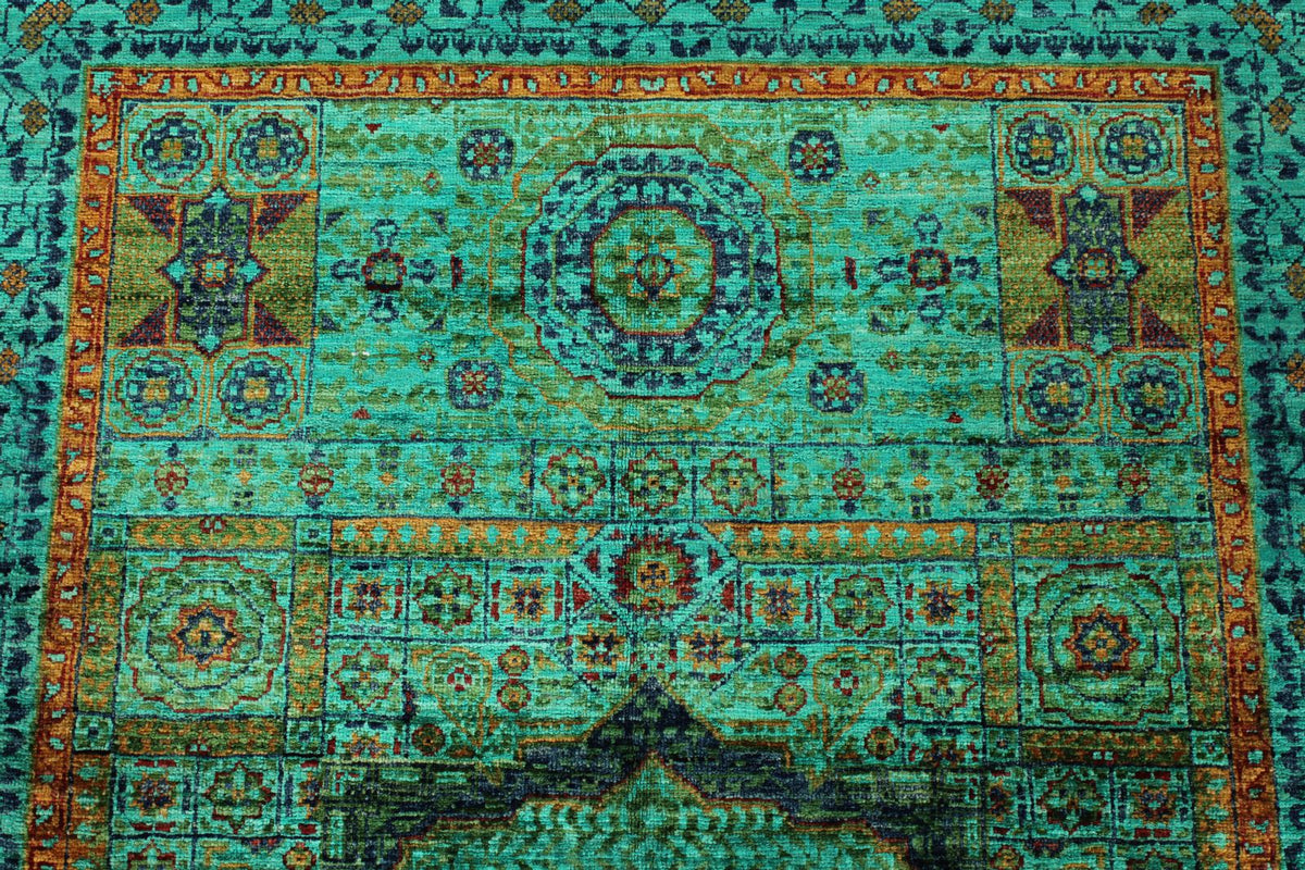 4x6 Green and Multicolor Turkish Tribal Rug
