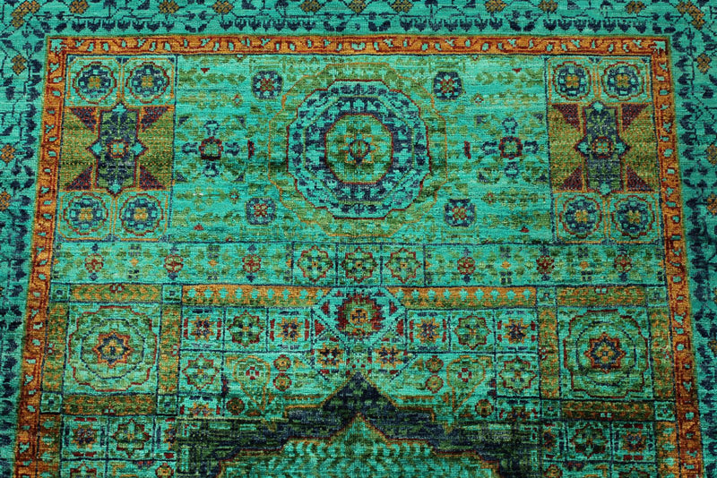 4x6 Green and Multicolor Turkish Tribal Rug