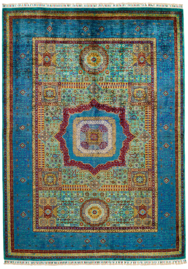 6x8 Multicolor and Blue Turkish Tribal Rug