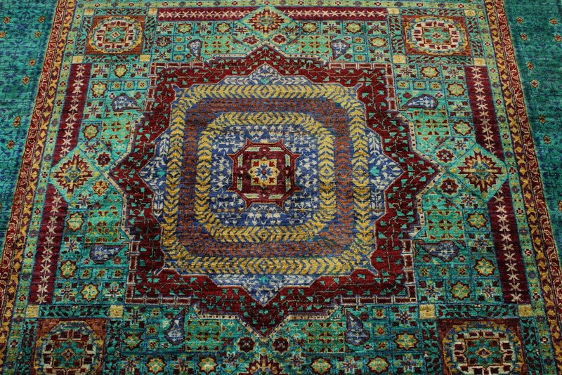 6x8 Multicolor and Green Turkish Tribal Rug