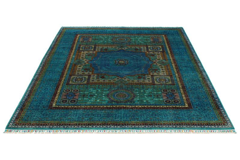 6x8 Multicolor and Blue Turkish Tribal Rug