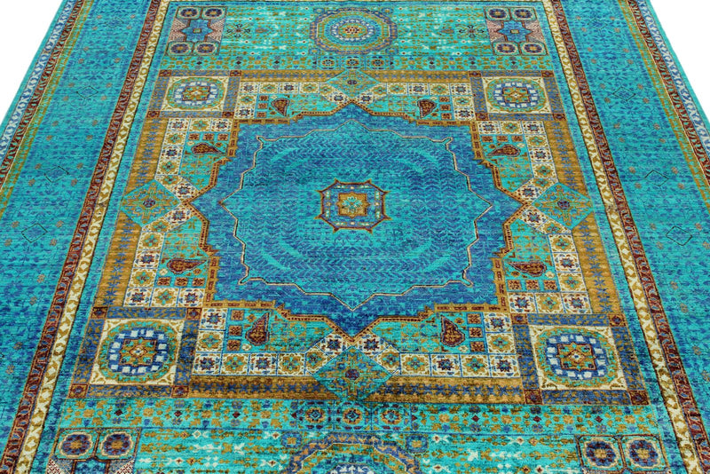 6x8 Multicolor and Blue Turkish Tribal Rug