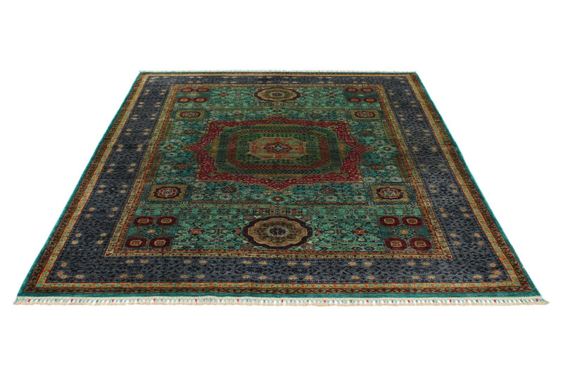 6x8 Light Blue and Gray Turkish Tribal Rug