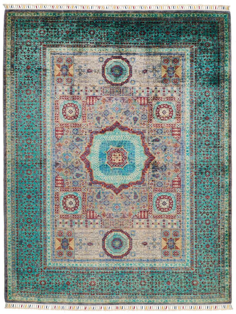 5x7 Gray and Green Turkish Tribal Rug