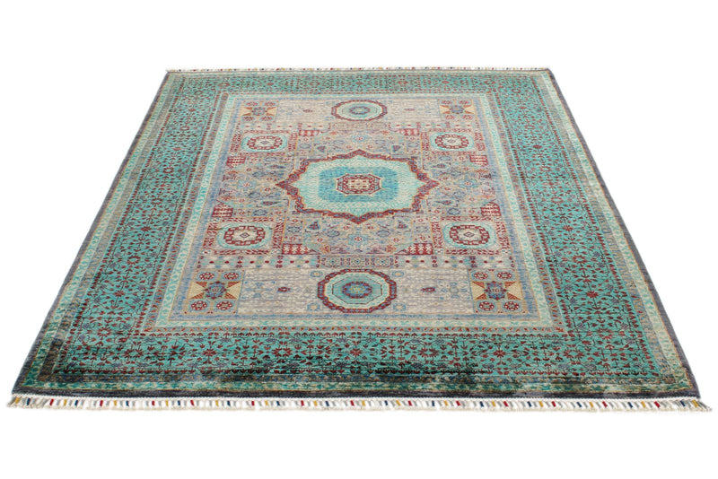 5x7 Gray and Green Turkish Tribal Rug