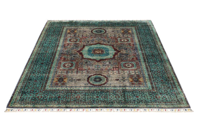 5x7 Gray and Green Turkish Tribal Rug