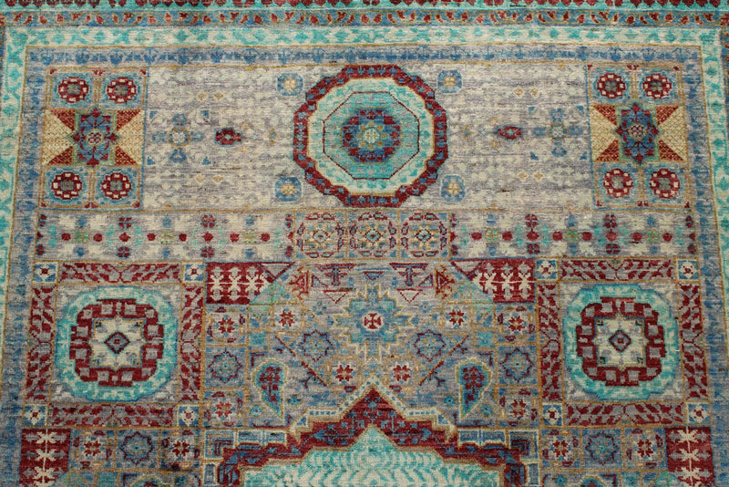 5x7 Gray and Green Turkish Tribal Rug