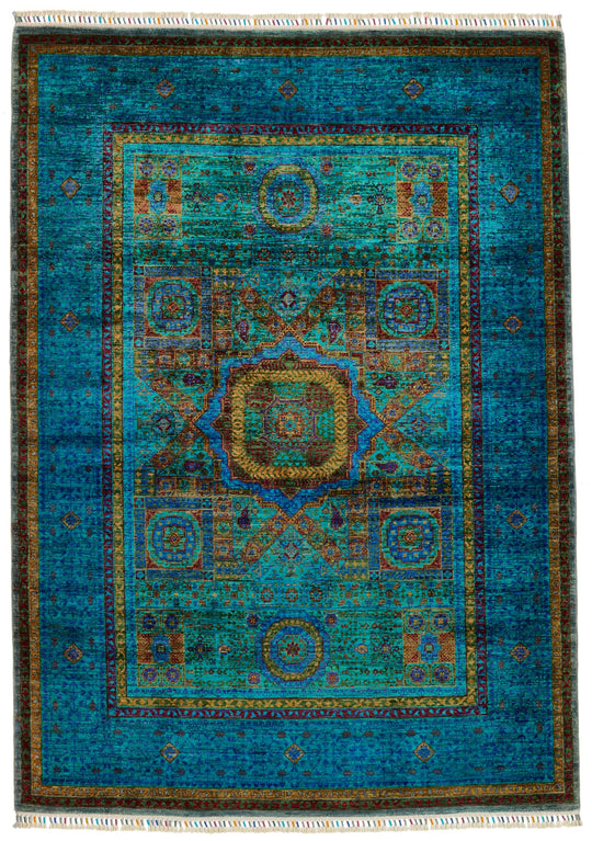 5x7 Turquoıse and Navy Turkish Tribal Rug