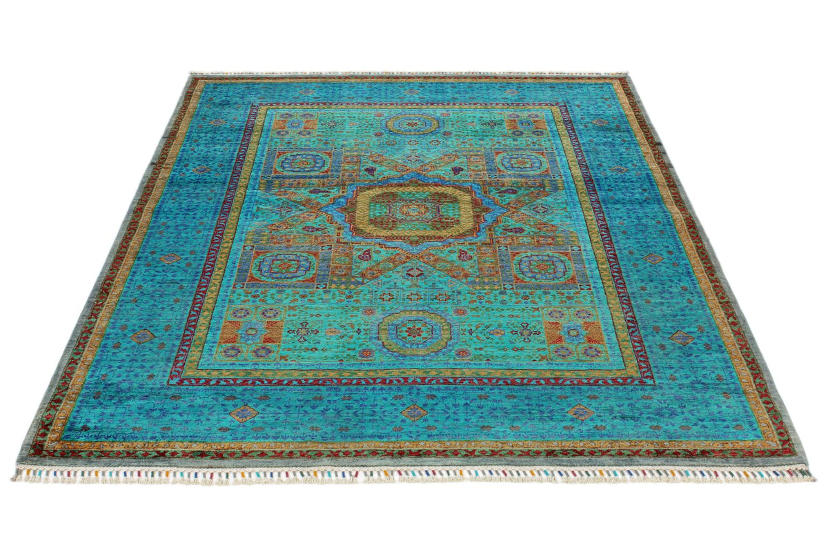 5x7 Turquoıse and Navy Turkish Tribal Rug