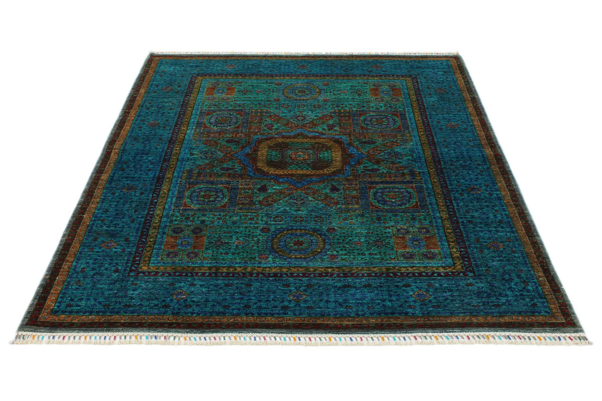 5x7 Turquoıse and Navy Turkish Tribal Rug