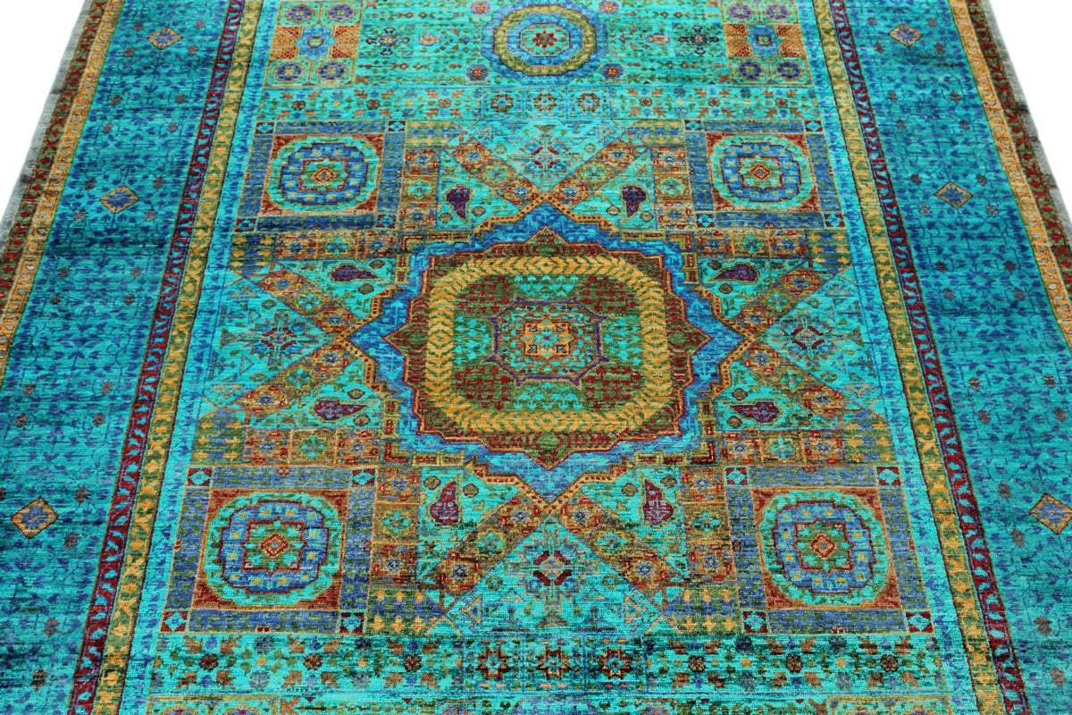 5x7 Turquoıse and Navy Turkish Tribal Rug