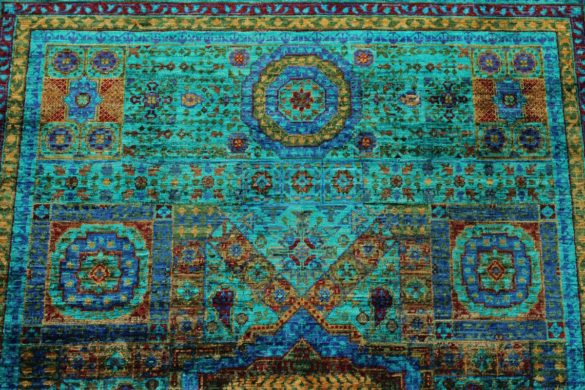 5x7 Turquoıse and Navy Turkish Tribal Rug