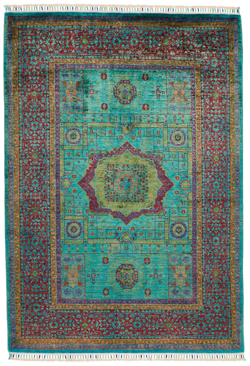 4x6 Turquoise and Red Turkish Tribal Rug