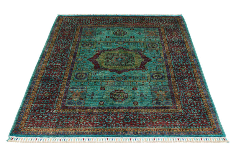 4x6 Turquoise and Red Turkish Tribal Rug