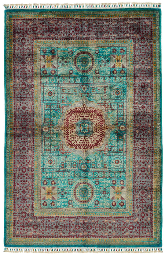 4x6 Turquoise and Red Turkish Tribal Rug