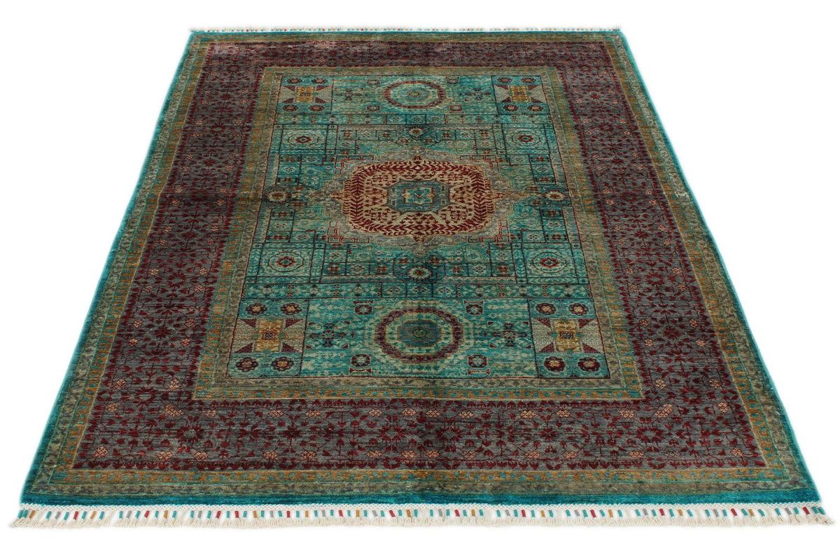 4x6 Turquoise and Red Turkish Tribal Rug