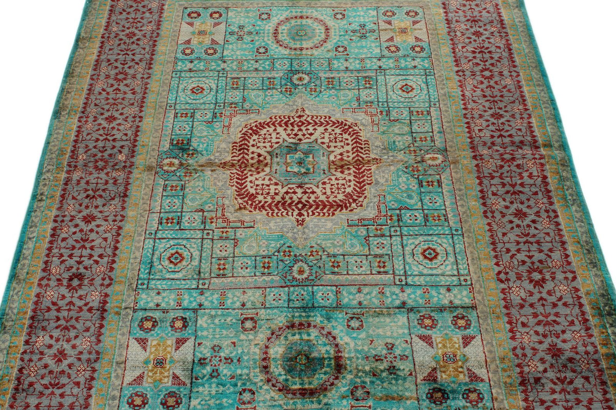 4x6 Turquoise and Red Turkish Tribal Rug
