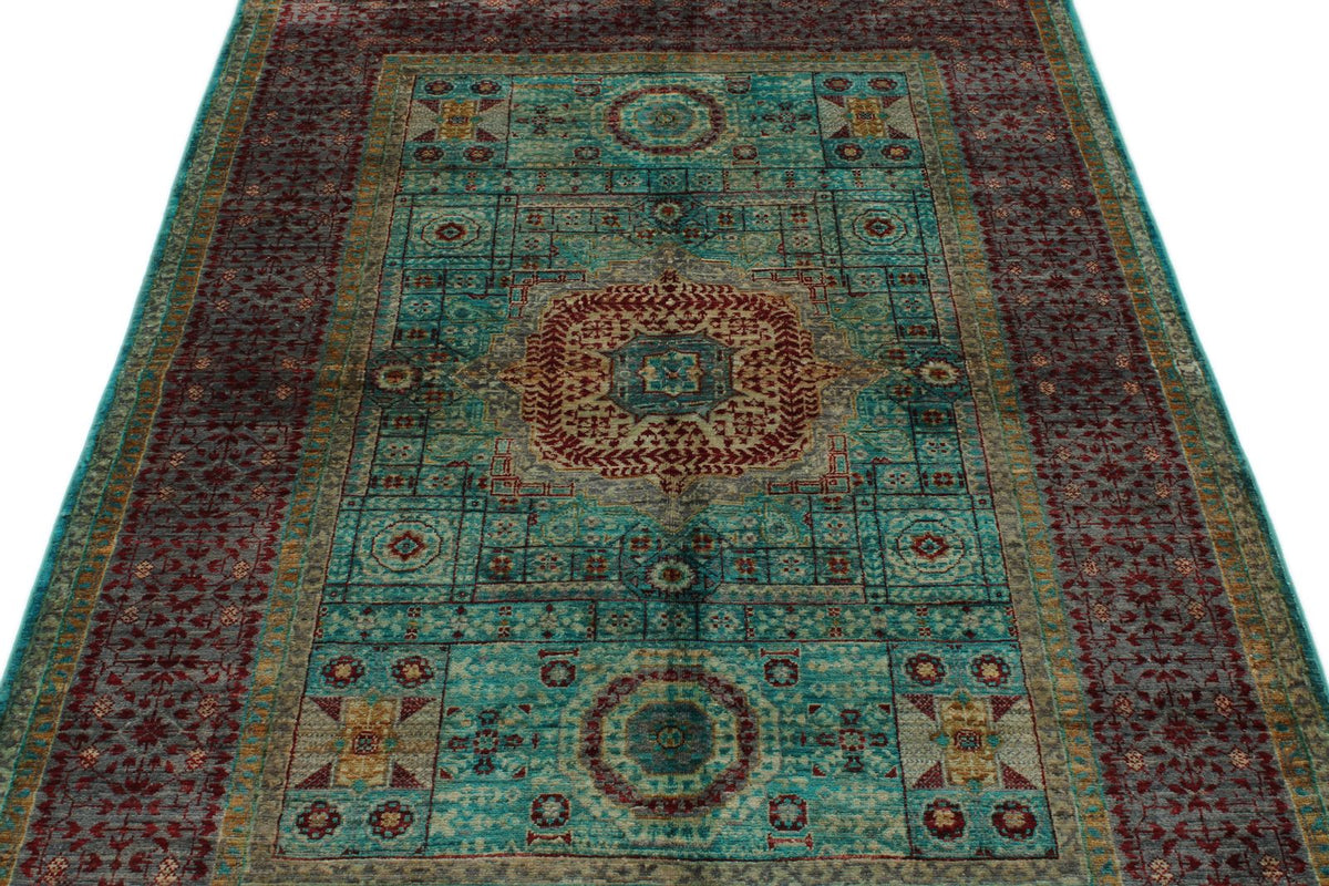 4x6 Turquoise and Red Turkish Tribal Rug