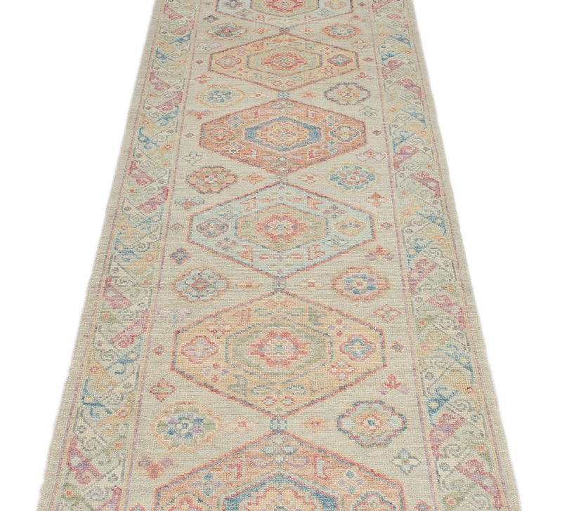 3x10 Beige and Multicolor Turkish Oushak Runner