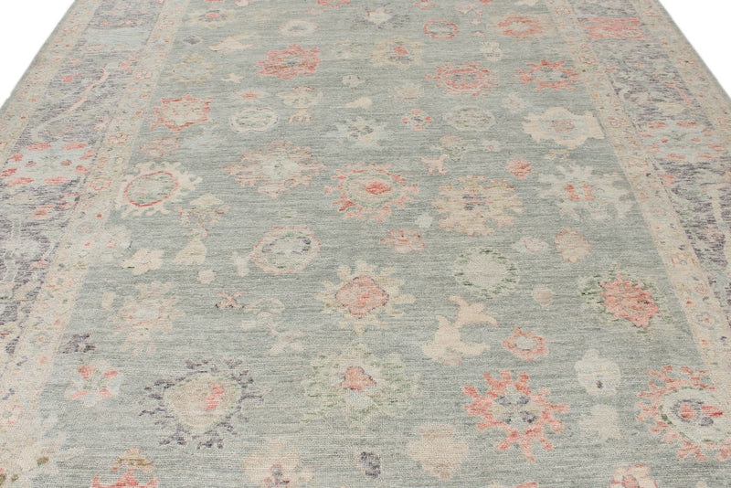 9x12 Light Green and Beige Turkish Oushak Rug