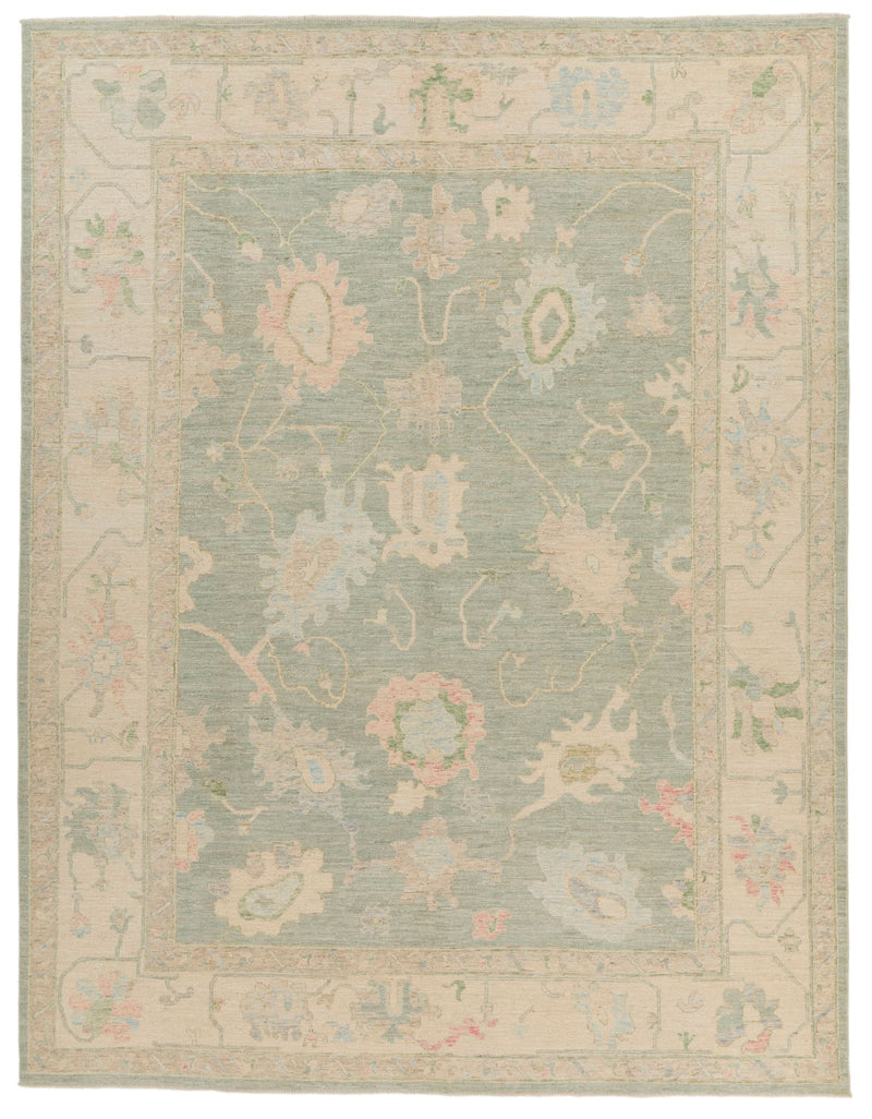 9x12 Light Green and Ivory Turkish Oushak Rug