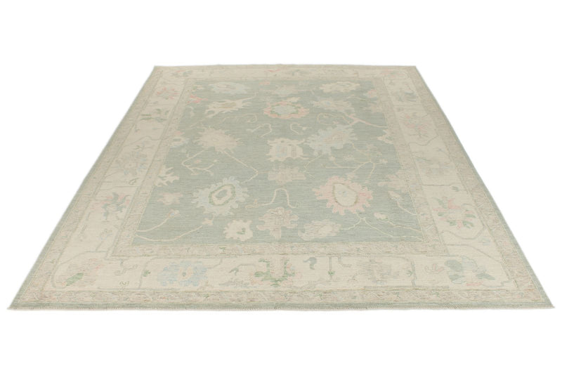 9x12 Light Green and Ivory Turkish Oushak Rug