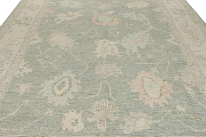 9x12 Light Green and Ivory Turkish Oushak Rug