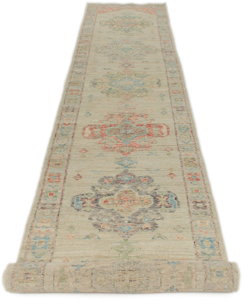 3x16 Ivory and Multicolor Turkish Oushak Runner