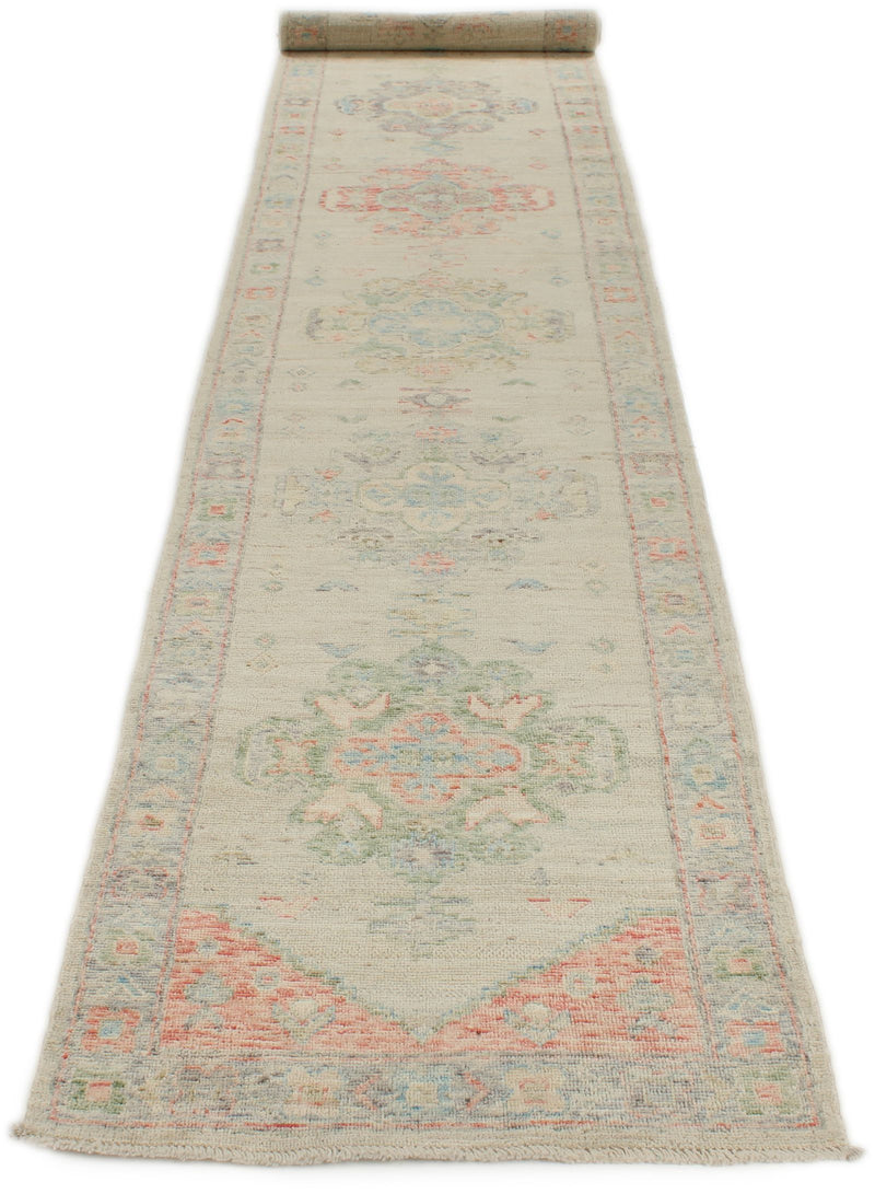 3x16 Ivory and Multicolor Turkish Oushak Runner