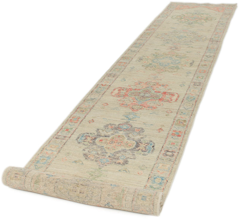 3x16 Ivory and Multicolor Turkish Oushak Runner