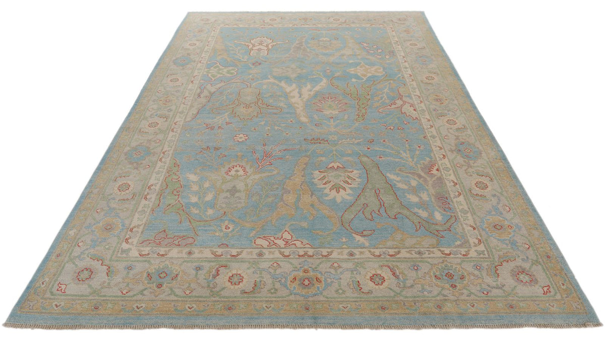7x10 Light Blue and Ivory Turkish Oushak Rug
