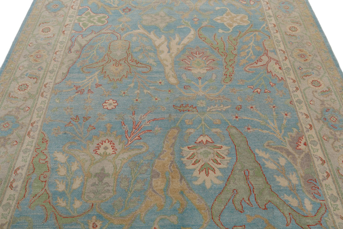 7x10 Light Blue and Ivory Turkish Oushak Rug