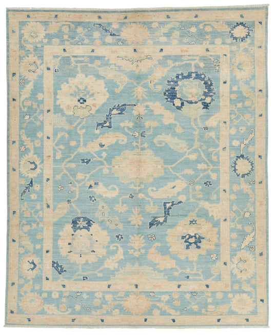 8x10 Blue and Ivory Turkish Oushak Rug