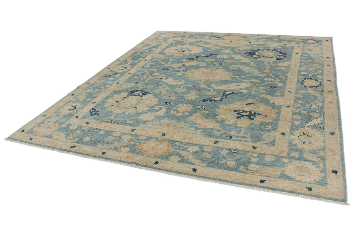 8x10 Blue and Ivory Turkish Oushak Rug
