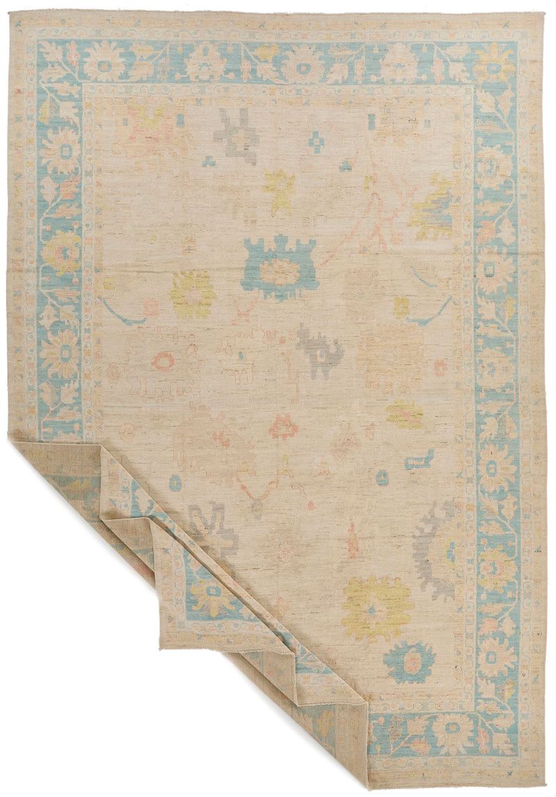 12x18 Ivory and Light Blue Turkish Oushak Rug