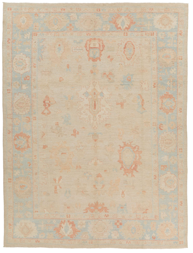 9x12 Ivory and Light Blue Turkish Oushak Rug