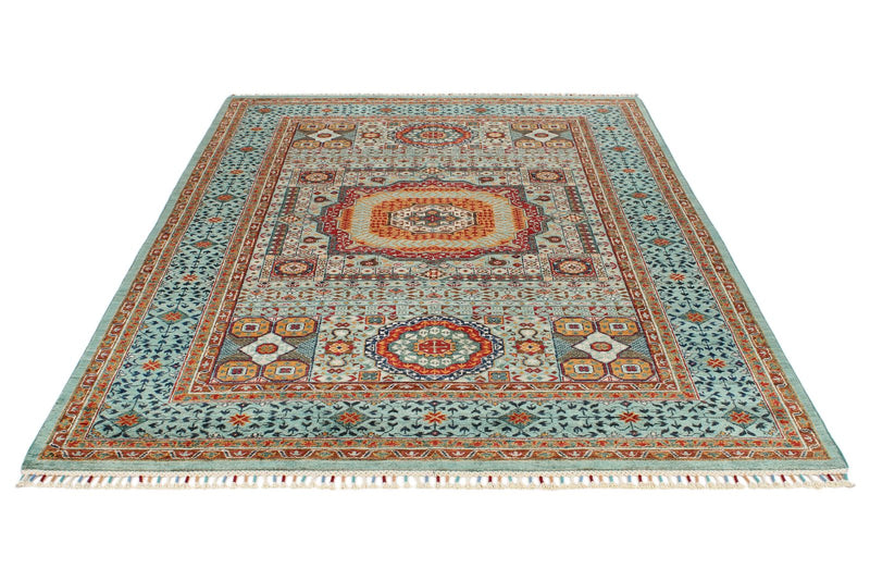 6x8 Gray and Light Blue Turkish Tribal Rug