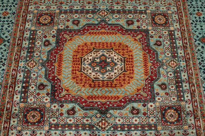 6x8 Gray and Light Blue Turkish Tribal Rug