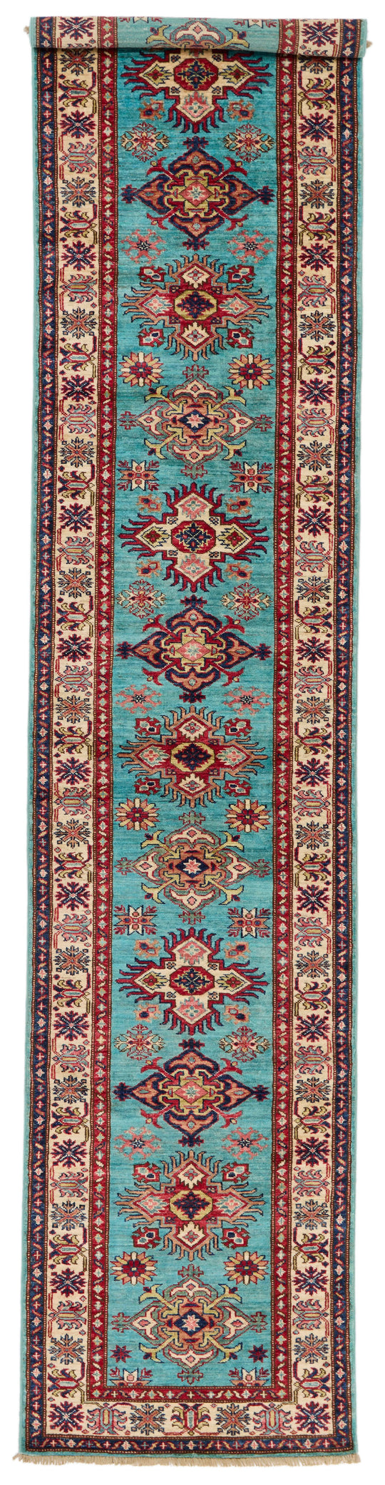 3x13 Turquoıse and Ivory Kazak Tribal Runner