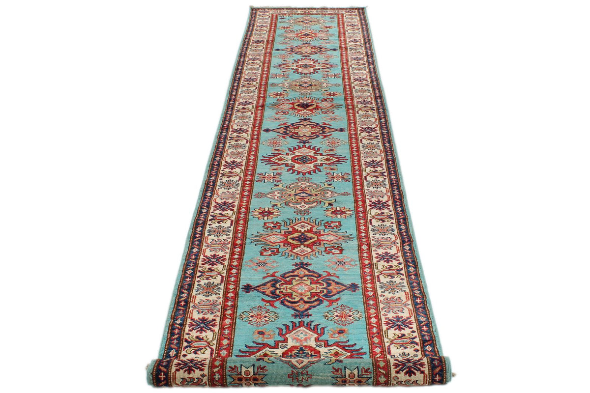 3x13 Turquoıse and Ivory Kazak Tribal Runner