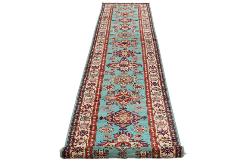 3x13 Turquoıse and Ivory Kazak Tribal Runner
