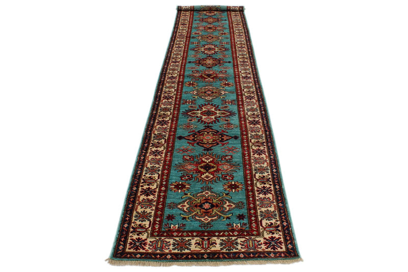 3x13 Turquoıse and Ivory Kazak Tribal Runner