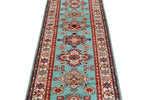 3x13 Turquoıse and Ivory Kazak Tribal Runner