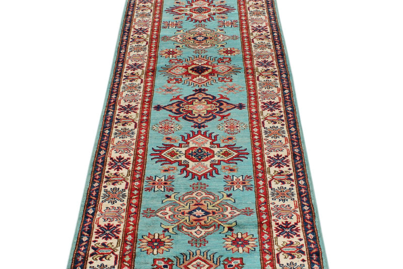 3x13 Turquoıse and Ivory Kazak Tribal Runner