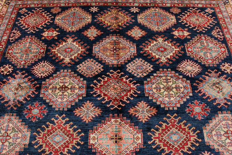 10x13 Navy and Ivory Kazak Tribal Rug